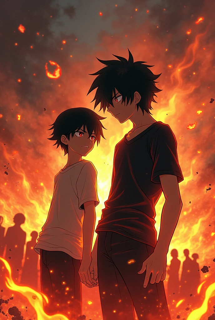 Two Black anime boys in fire background with Ladies
