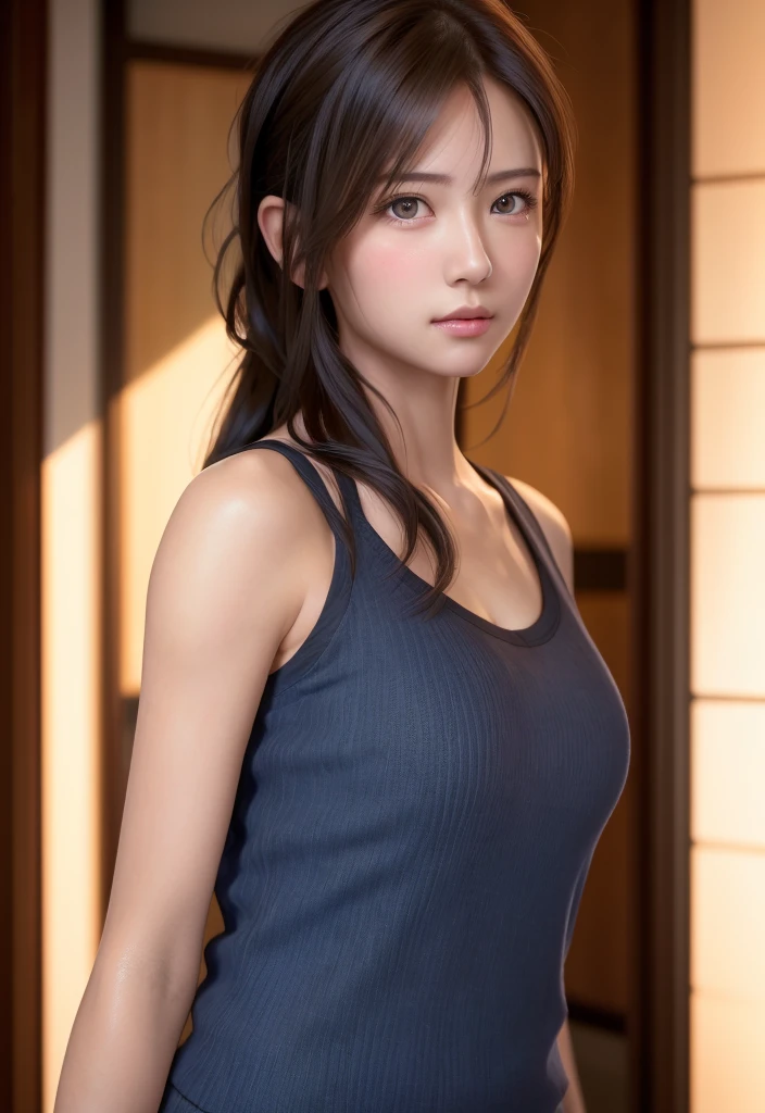 8K, of the highest quality, masutepiece:1.2), (Realistic, Photorealsitic:1.37), of the highest quality, masutepiece, Beautiful young woman, Pensive expression, Gentle eyes, sexy camisole、Hair tied back, Messy mood, Cinematic background, Light skin tone
