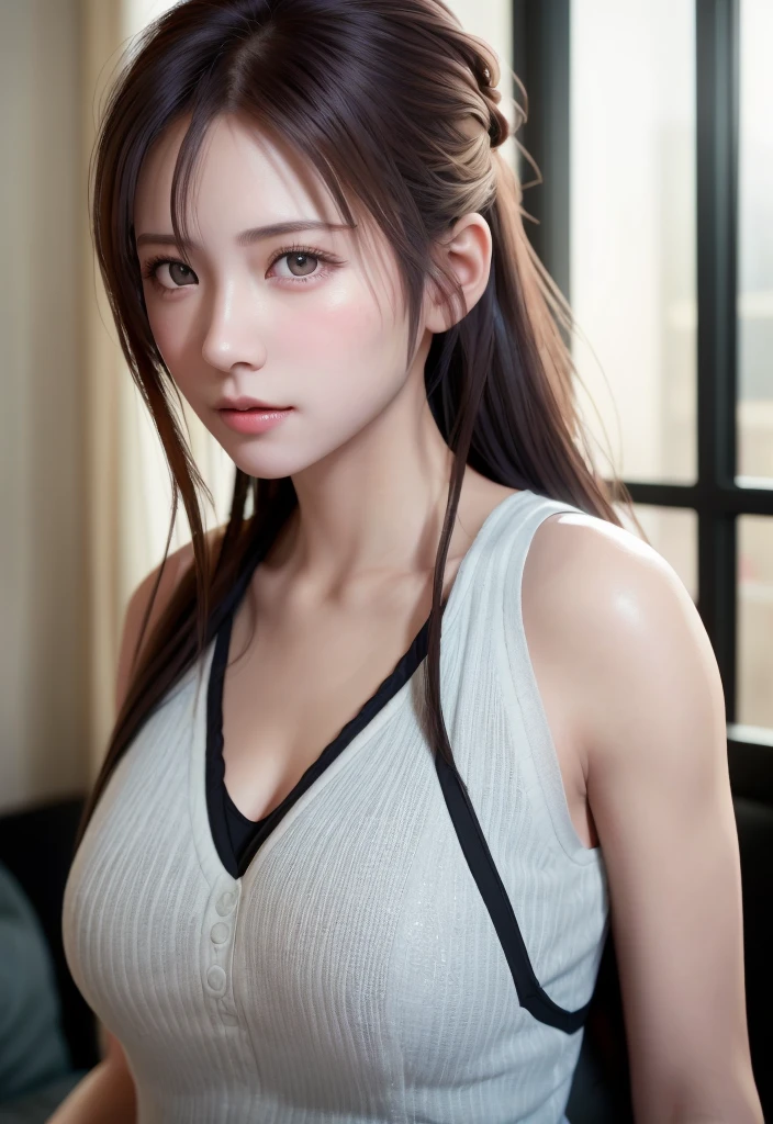 8K, of the highest quality, masutepiece:1.2), (Realistic, Photorealsitic:1.37), of the highest quality, masutepiece, Beautiful young woman, Pensive expression, Gentle eyes, sexy camisole、Hair tied back, Messy mood, Cinematic background, Light skin tone