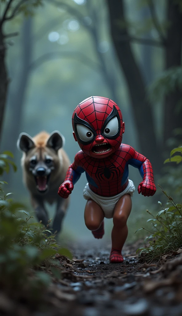 This image shows an adorable little Fact Spiderman baby running scared down a forest path. A dangerous looking hyena is running behind him, whose mouth is open and its teeth are visible. It looks like she is chasing Fact Spiderman's child. Another hyena is also visible in the background. Real Story
