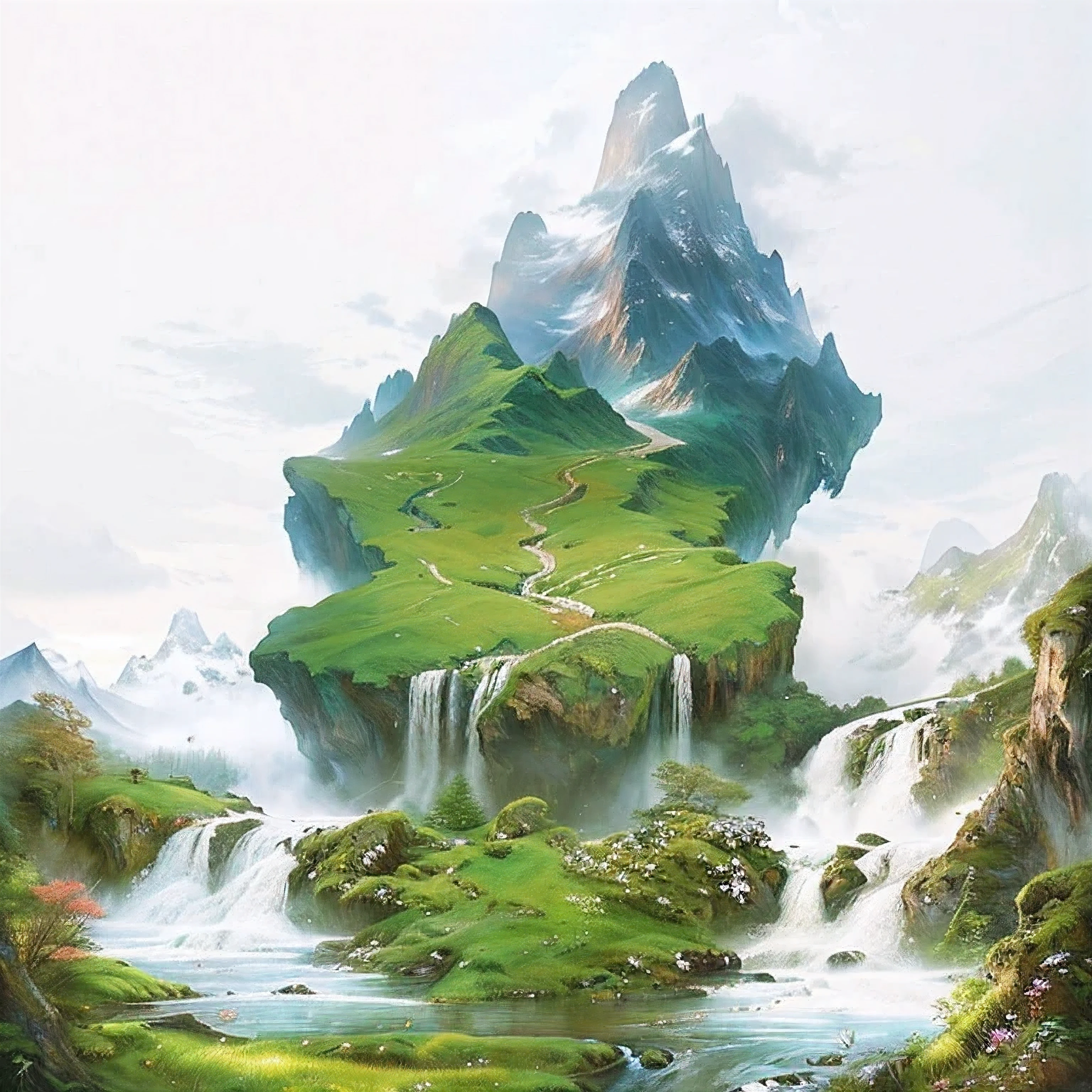 The picture of a waterfall and a mountain has a waterfall in the middle., Made of trees and fantasy valleys, Dreamscape Art, Detailed scenery - wide 672, Floating waterfall, 3D Virtual Landscape Painting, Nature wallpapers, landscape art, Beautiful natural scenery, Landscape art details, fantasy drawing hd, amazing wallpaper, Landscape wallpaper, Beautifully painted oil paintings, Fantasy Art Landscape, Chinese painting, There are koi fish in the water.