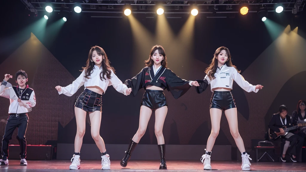 (Highest quality、4K、8k、High resolution、masterpiece:1.2)、Very detailed、(Genuine、Realistic、Realistic:1.3、Korean idol group dancing on stage
