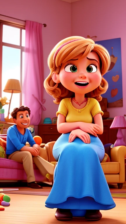 Create a humorous and vibrant Pixar-style illustration. The scene shows a living room where a wife and husband are having a playful argument. The wife, a cheerful woman with a surprised expression, is sitting on a couch, holding her head with one hand, expressing frustration. She is saying