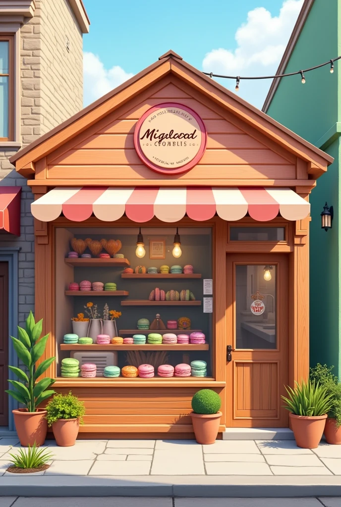Cute macaron shop exterior, simple, pink orange green tone, using wood material, glass cake display cabinet, The store must be as big as Highlands Coffee Shop.