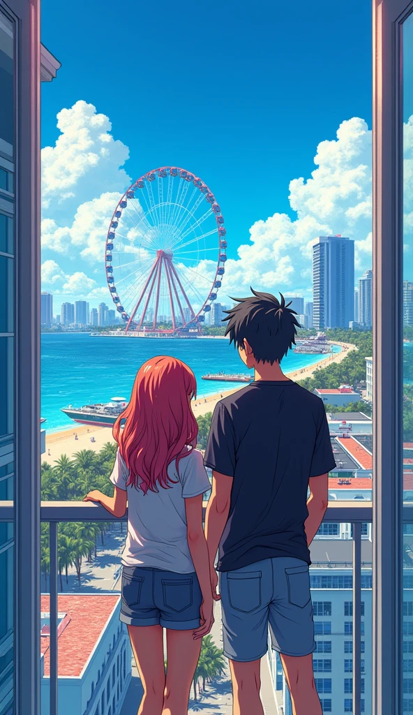a young anime teen couple looking at the Miami Bayside market from the a balcony of a tallest among all the skyscrapers overlooking city , with bright blue sky , neon lights, miami vice vibes, , Ferris wheel at far away