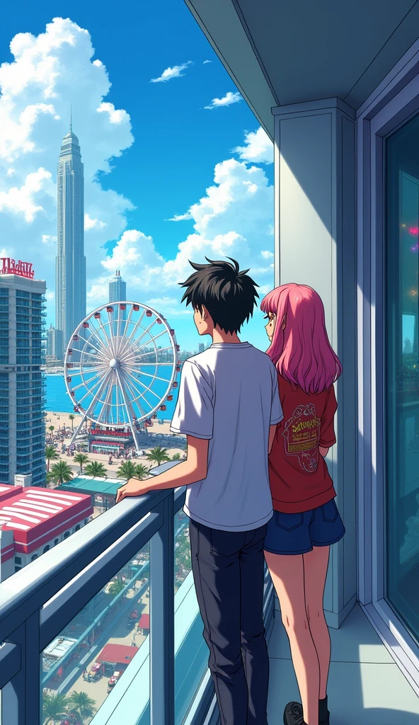 a young anime teen couple looking at the Miami Bayside market from the a balcony of a tallest among all the skyscrapers overlooking city , with bright blue sky , neon lights, miami vice vibes, , Ferris wheel at far away
