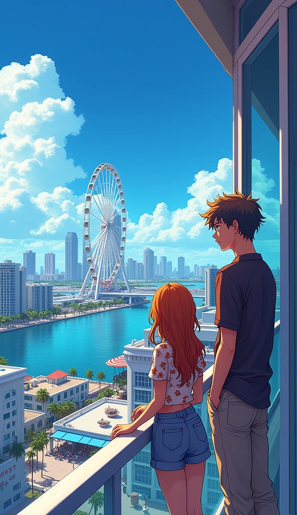 a young anime couple looking at the Miami Bayside market from the a balcony of a tallest among all the skyscrapers overlooking city , with bright blue sky , neon lights, miami vice vibes, , Ferris wheel at far away
