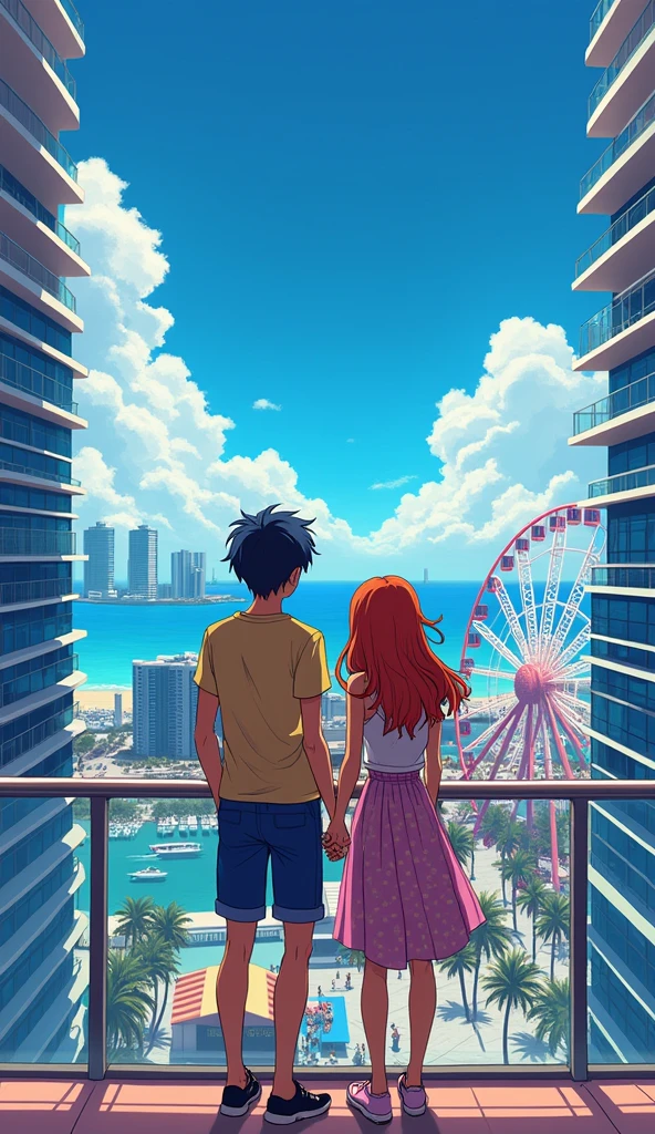 a young anime teen couple looking at the Miami Bayside market from the a balcony of a tallest among all the skyscrapers overlooking city , with bright blue sky , neon lights, miami vice vibes, , Ferris wheel at far away