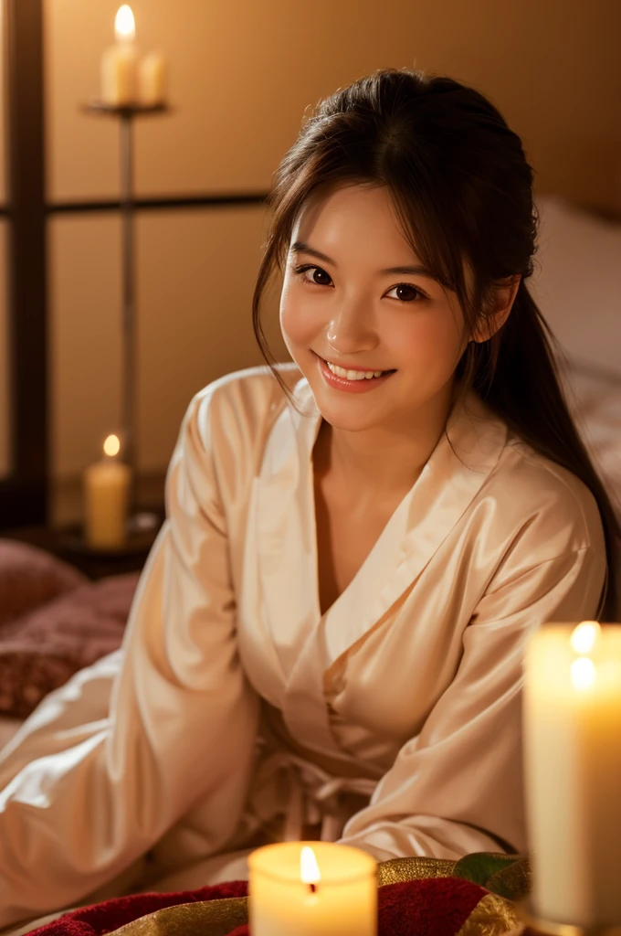 Photorealistic, high-quality 32k photo of a beautiful Japanese girl in elegant Bathrobe, with detailed eyes and a serene smile, in a bedroom softly illuminated by candlelight. The gentle glow of the candles casts a warm, romantic light across the room, highlighting her peaceful expression and the intimate, soothing ambiance of the bedroom