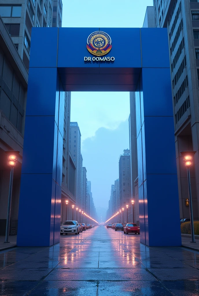 Une grande porte carrée futuriste ouvrant à une ville avec emblème de Kinshasa, porte peinte en bleu, avec une mention DR Congo, boulevard au milieu, avec des éclairages public des côtés 