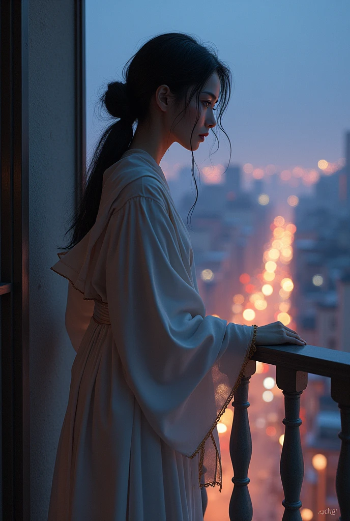 Fantasy girl, leaning on balcony, wear scraf, night time with soft lighting, cityscape view from balcony