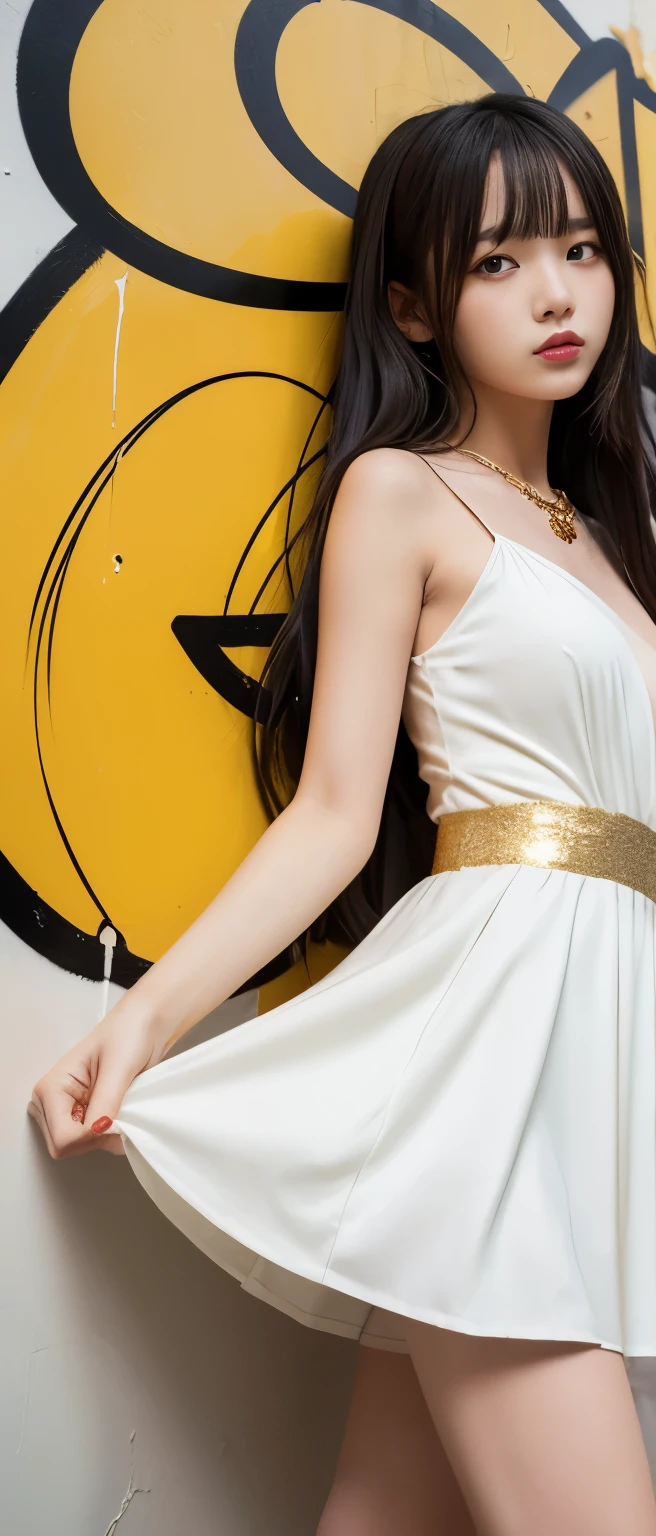 Gold-covered idol girl、whole body、Good style、、、、、、、、、、Thick legs、、、White dress covered in gold paint、Cool girl face、、、、、Gold graffiti art、Black Long Hair
