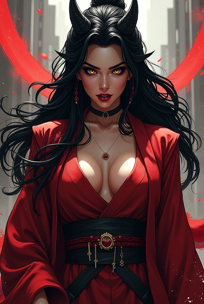 A gorgeous demon female, with long beautiful black hair, Golden Eyes, Use blood magic power, vampire fangs , Flirtatious smile on her face, wearing a kimono that looks like an assassin's outfit , Sexy poses , Drawing Comics , Marvel style