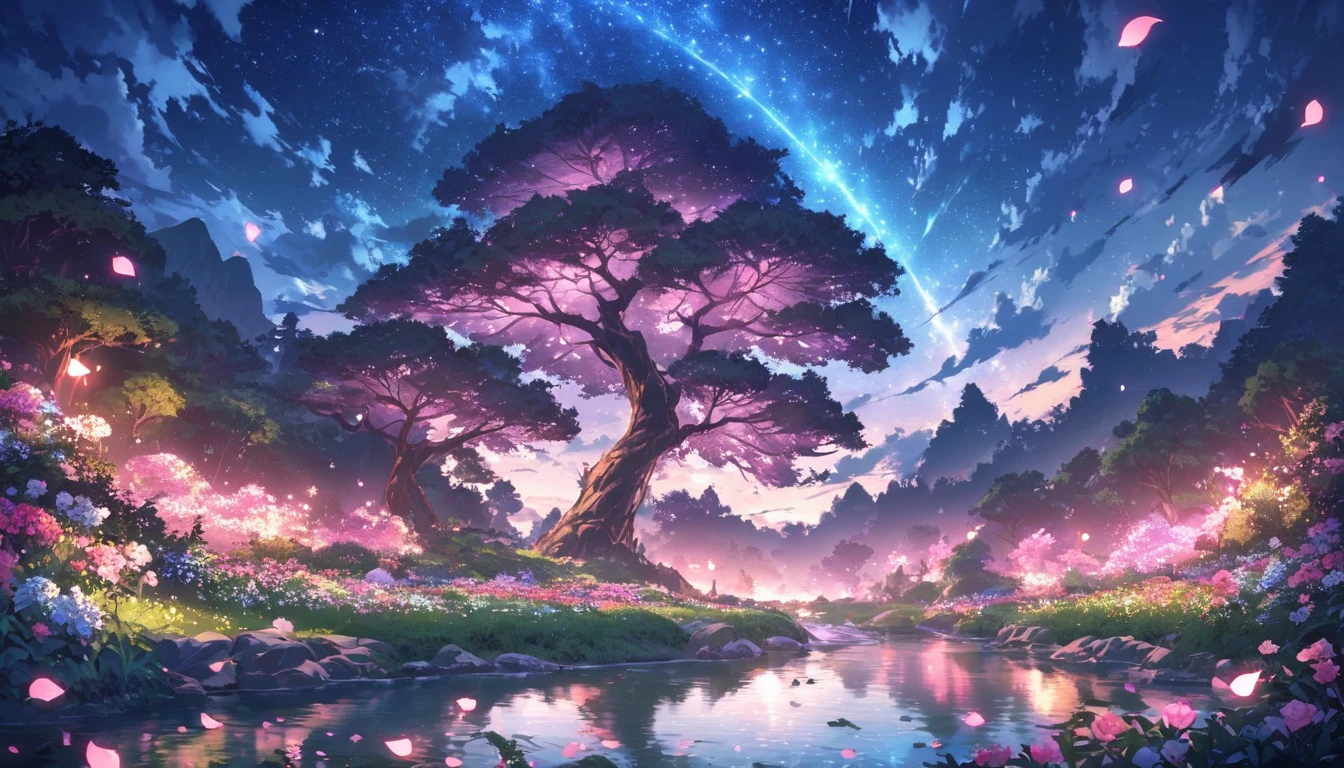magical night sky, ethereal forest, glowing stream, soft lighting, beautiful scenery, masterpiece, high quality, stunning graphics, extremely detailed, grand landscape, garden, flowers, clouds, night starry sky, river in the background, giant ancient trees in the back, glowing pink petals falling in the background