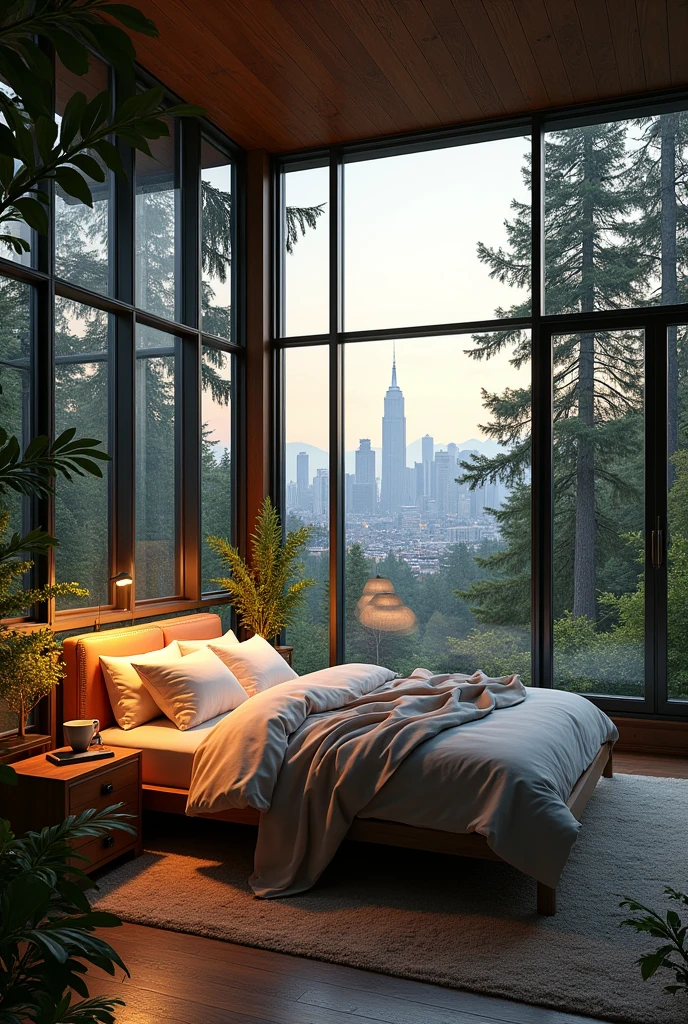 Ordinary bedroom in the forest at night,A view of the city, Large Windows, Comfortable bedroom,