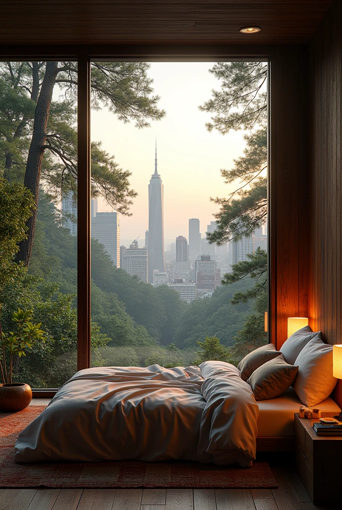 Ordinary bedroom in the forest at night，A view of the city, Large Windows, Comfortable bedroom, 