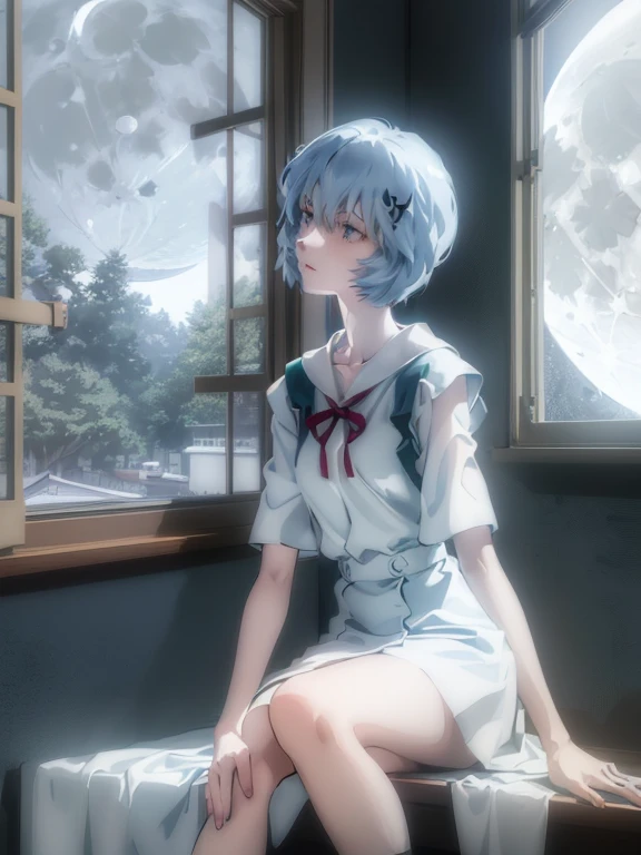 ultra-detailed, illustration, Beautiful Face, Beautiful body, (Rei Ayanami), Bluish silver hair, Silky short hair, (((One hand on cheek, Large windows, Open window, Leaning on the window frame, One foot on the window sill))), (Leaning forward), Tokyo-3 middle school uniform, black socks, ((Moon Background, The moon looks big:1.3, Gazing at the Moon:1.3)), ((Night:1.3)), View from inside the Hospital room, The lace curtains are swaying in the wind, Slightly slim body, face in profile, ephemeral Expression, extremely detailed eyes and face, photo with an 85mm camera, ((masterpiece, best quality, high resolution))