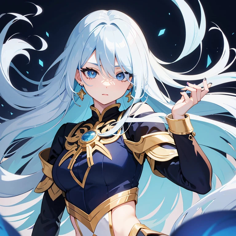 best qualityer, 1 , longye hair, hair over one eye, floating hair, aretes, breastsout, make-up, blue colored eyes, simple background, jewel, anime styling, 