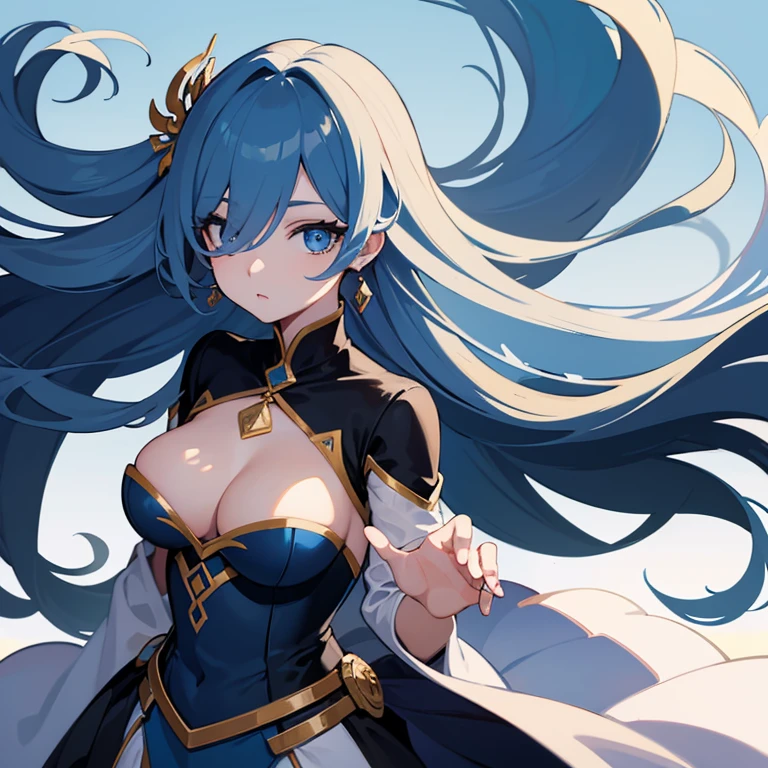 best qualityer, 1 , longye hair, hair over one eye, floating hair, aretes, breastsout, make-up, blue colored eyes, simple background, jewel, anime styling,