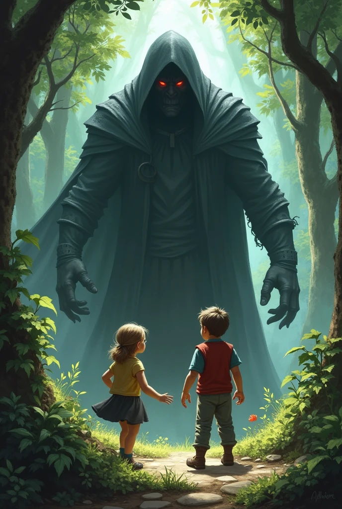 Two kids and a villain in the forest