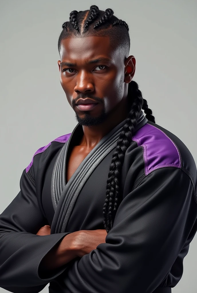 African American brother in his late 20's, built physique,  silver eyes, serious expression, dark brown hair braided with sides of his head clean shaven wearing a weighted fighting gi in the colors of black, purple and silver 