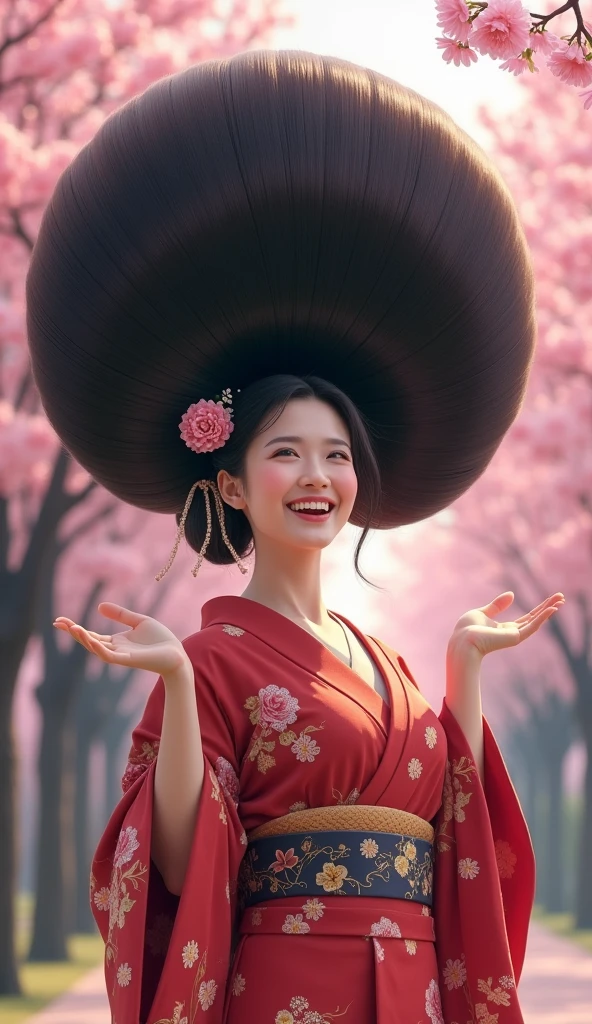   beautiful Japanese woman,((full body shot)),from head to toe,with a very big hair bun, the size of her bun is 8 times the size of her head,very big very big hair bun traditional Javanese hair bun,circle bun,shiny black hair,,wearing kimono,very big chest ,both hands holding a bun,sakura tree atmosphere,laugh, looking back over shoulder 