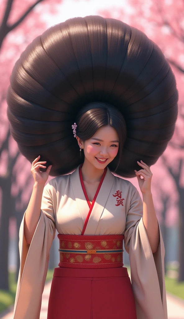 beautiful Japanese woman,((full body shot)),from head to toe,with a very big hair bun, the size of her bun is 8 times the size of her head,very big very big hair bun traditional Javanese hair bun,circle bun,shiny black hair,,wearing kimono,very big chest ,both hands holding a bun,sakura tree atmosphere,laugh, looking back over shoulder