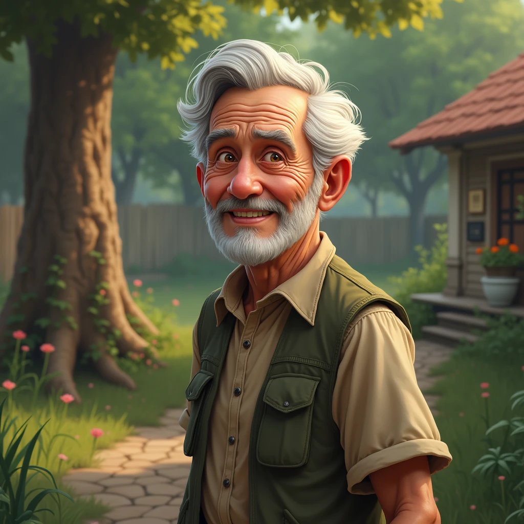 Moral of the Story:** A final image showing the elderly man smiling wisely, his eyes conveying a deep understanding of life's challenges and growth. The background is the same peaceful garden, with the grown tree visible.