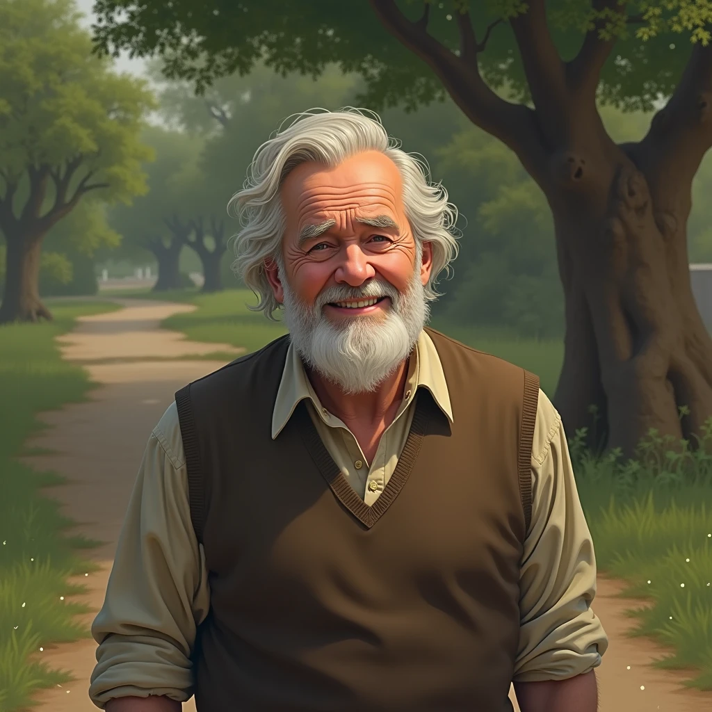 Moral of the Story:** A final image showing the elderly man smiling wisely, his eyes conveying a deep understanding of life's challenges and growth. The background is the same peaceful garden, with the grown tree visible.