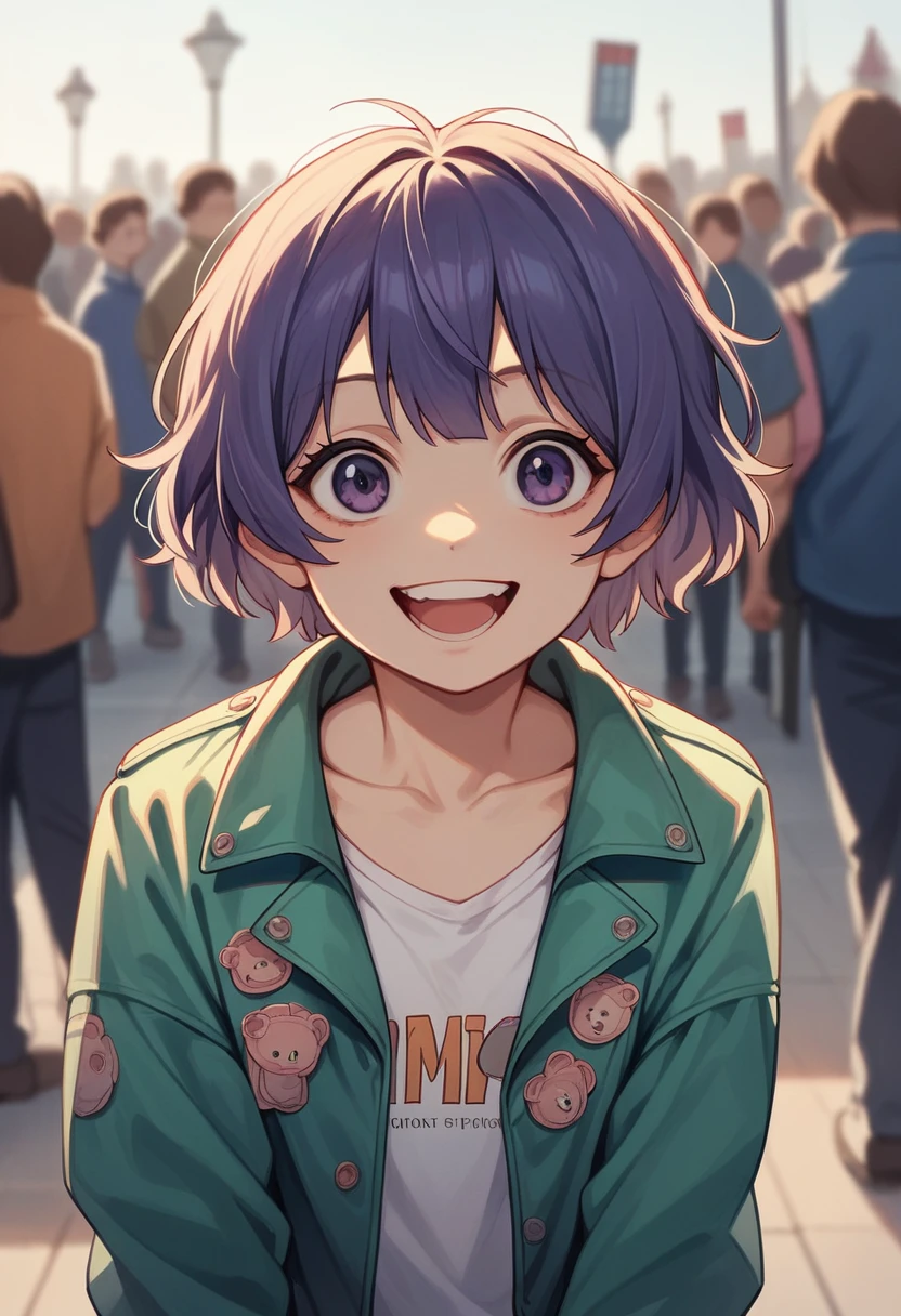 1girl, idol, model, depth of field, photo, film, face, skinny, smile, collarbone, teeth, movie, puffer jacket, open mouth, crowd,