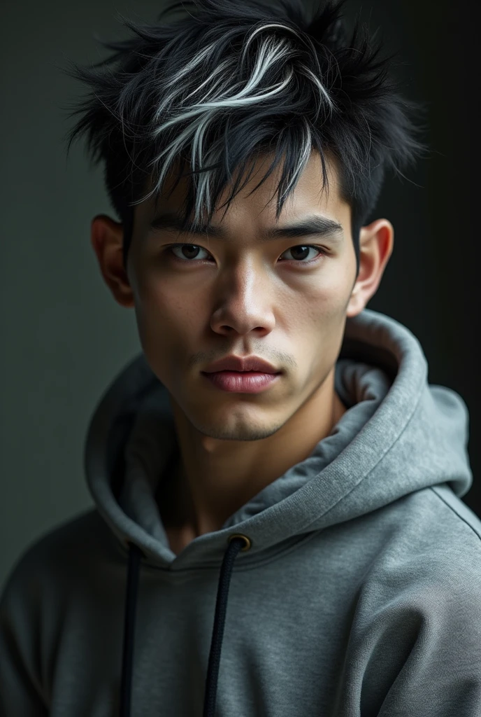 A close up of a tall young muscular man, short wavy yet spiky messy hair, hair color black dyed with a white gradient, with toned skin, wearing a Grey hoodie, (gothic style:1.2) . mysterious, haunting, dramatic, (minimal, ornate), aesthetic, eerily beautiful, dark surrealism, best quality