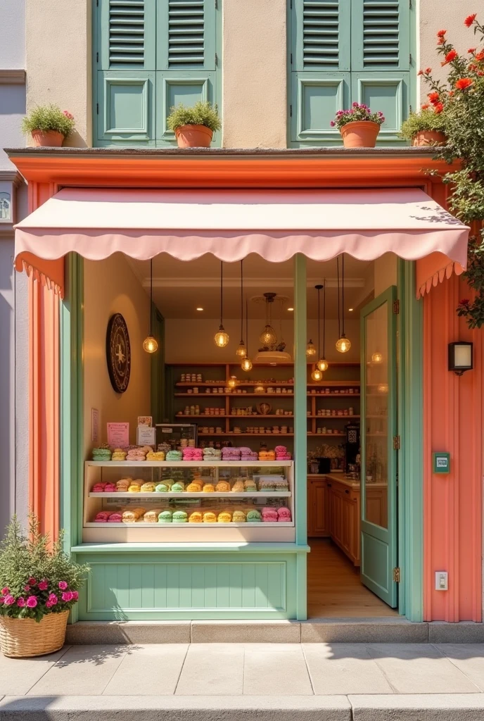 Cute macaron shop exterior, simple, pink orange green tone, using wood material, glass cake display cabinet, The store must be super big.