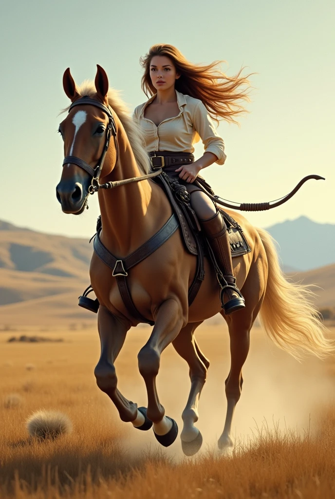 Beautiful Centaur Girl、Half man, half horse、Baby Face、Big Tits、Western equipment、A large and practical bow、Running through the steppes、Dynamic composition、Cinematic lighting