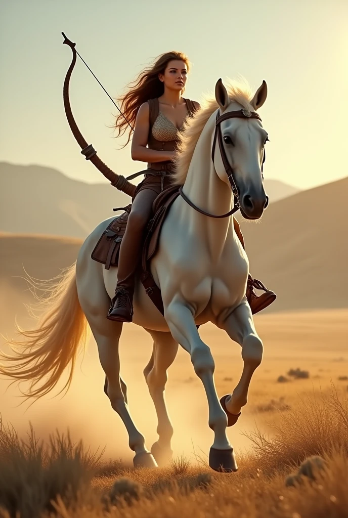 Beautiful Centaur Girl、Half man, half horse、Baby Face、Big Tits、Western equipment、A large and practical bow、Running through the steppes、Dynamic composition、Cinematic lighting
