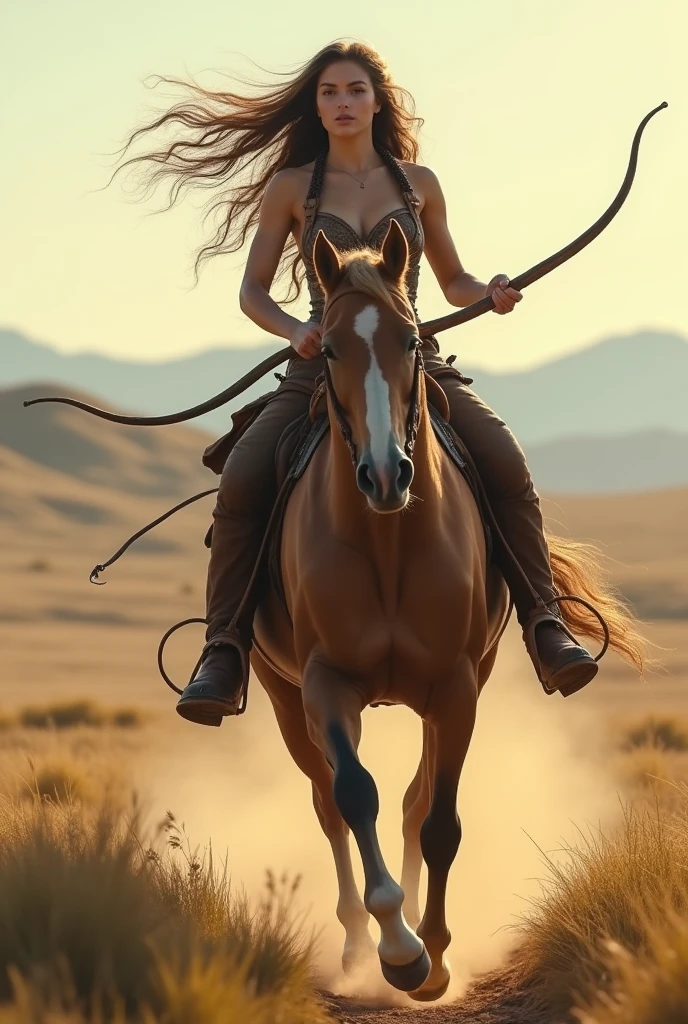 Beautiful Centaur Girl、Half man, half horse、Baby Face、Big Tits、Western equipment、A large and practical bow、Running through the steppes、Dynamic composition、Cinematic lighting