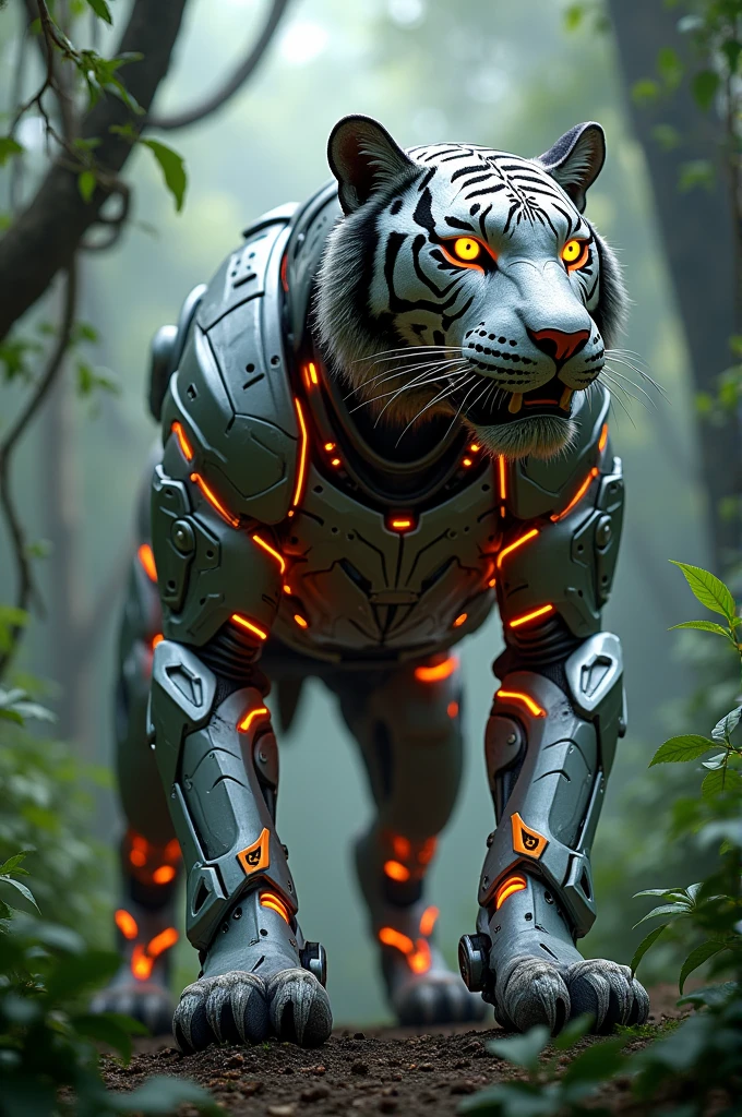 Create an image of a mechanical tiger with intricate armor plating, glowing orange accents, positioned in a lush jungle setting. The tiger should have a powerful stance, exuding strength and futuristic technology.