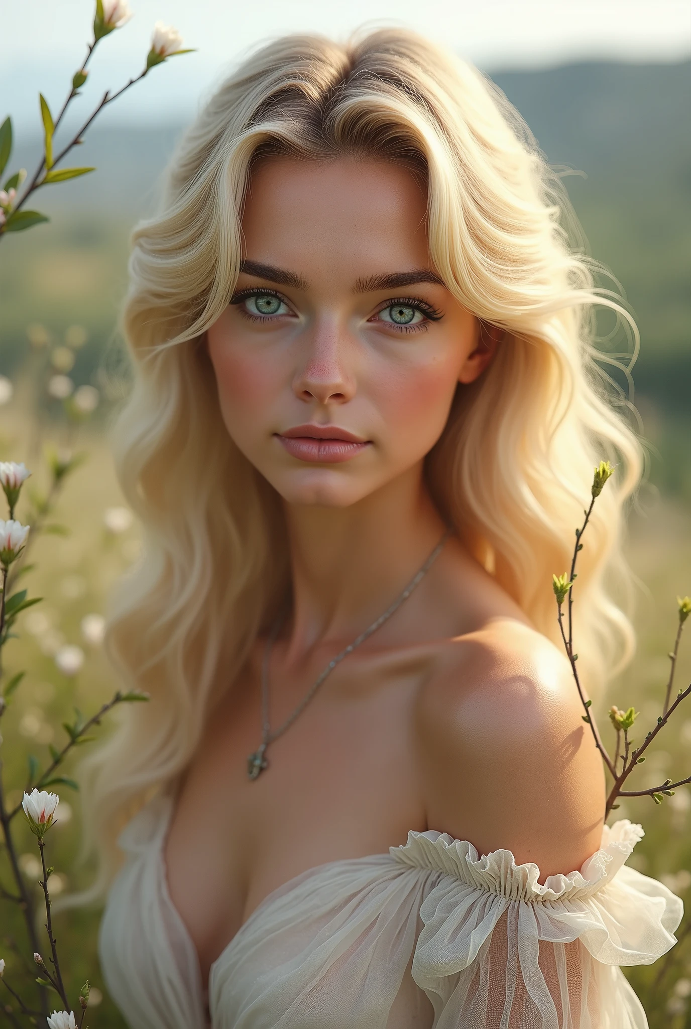 Make a beautiful woman with European features, blonde and blue eyes
