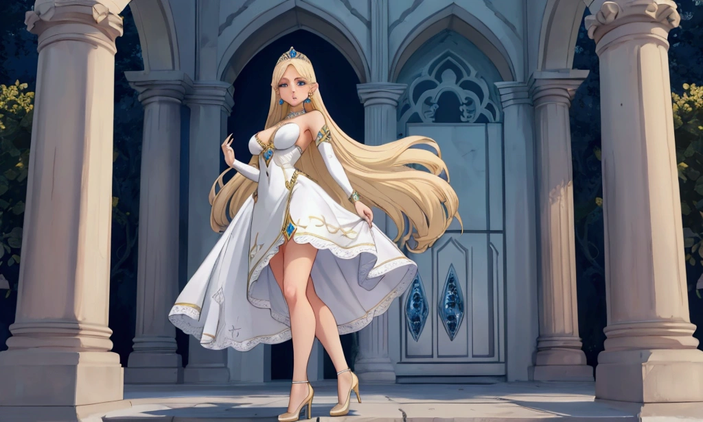 high quality, 8k quality, ultra detail, 1girl, Makeup, highest quality, light blonde hair, blue eyes, high heel shoes, white dress, standing pose, full body shot, beautiful face, soft expression, bare legs, elf girl, tiara, large breasts, earrings, palace garden