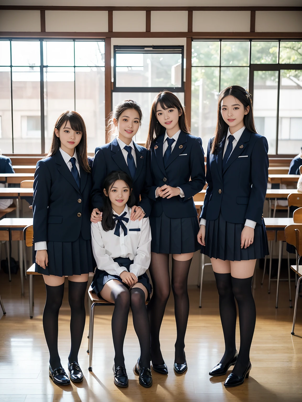 (Highest quality, masterpiece, Photorealistic, Super detailed, Ultra-high resolution, born:1.3), (Three people:1.3), beautiful, 日本人の女子高born, , In the classroom, 学born服,Navy blue high waist pleated mini skirt, (Black Stockings),(smile), (bangs), (Long legs, whole body:1.2), (Standing side by side)