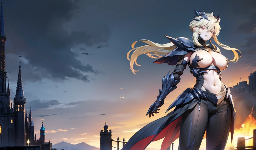 Blonde busty beauty，，cleavage，black knight armor，crown，black tights，Bare waist，Bare Legs，Standing，castle，Jifa style, 