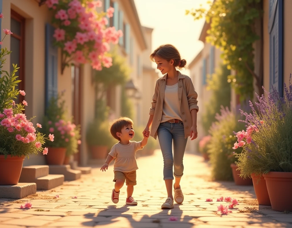 two friends, one is 2 and the other, 30 years come down a typical street in Provence, talking and smiling. One of them points to something just ahead.. Bougainvilleas and lavenders planted in pots. sunset behind. David Hamilton Style