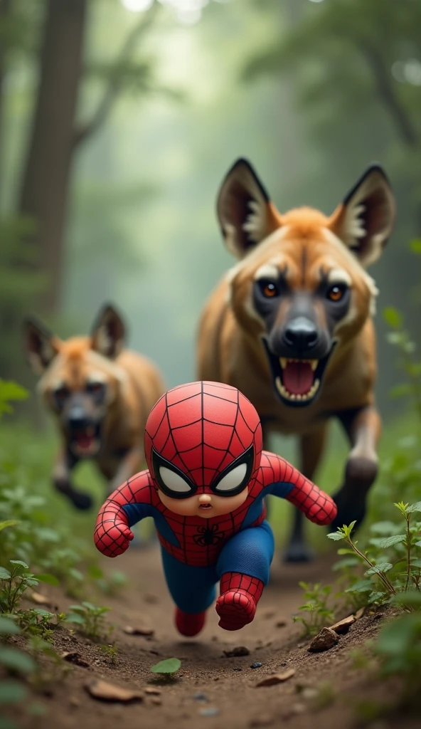 This image shows an adorable little Fat Spiderman baby running scared down a forest path. A dangerous looking hyena is running behind him, whose mouth is open and its teeth are visible. It looks like she is chasing Fat Spiderman's child. Another hyena is also visible in the background. Real Story