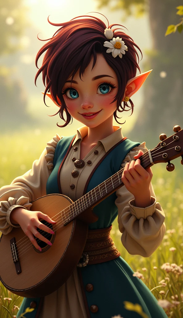 Halfling female from baldur's gate, best quality, ultra-detailed CG unity 8k wallpaper, playing a lute, high resolution, dynamic pose, beautiful face, (medieval bardic attire,white flower, hair ornament, blue eyes), depth of field, sunny plains, magic light), flirtatious smile, (high fantasy) (Maroon and black Hair, pixie cut hair)