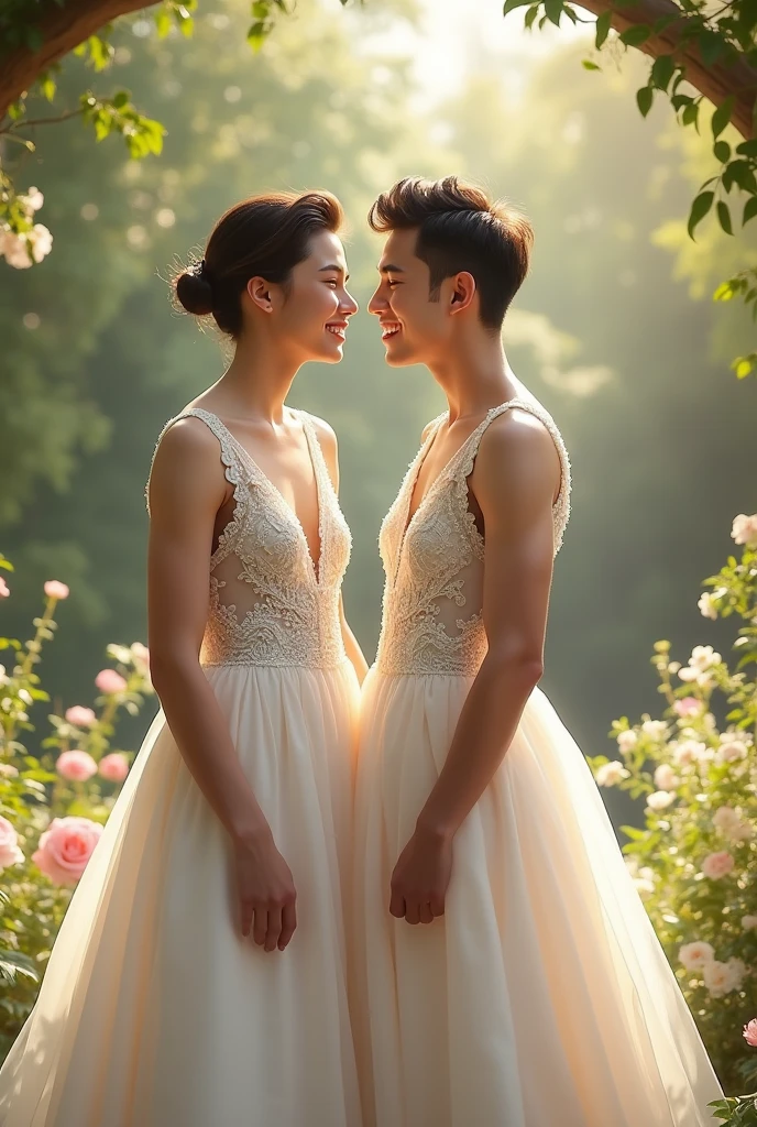 Two young men in wedding dresses
