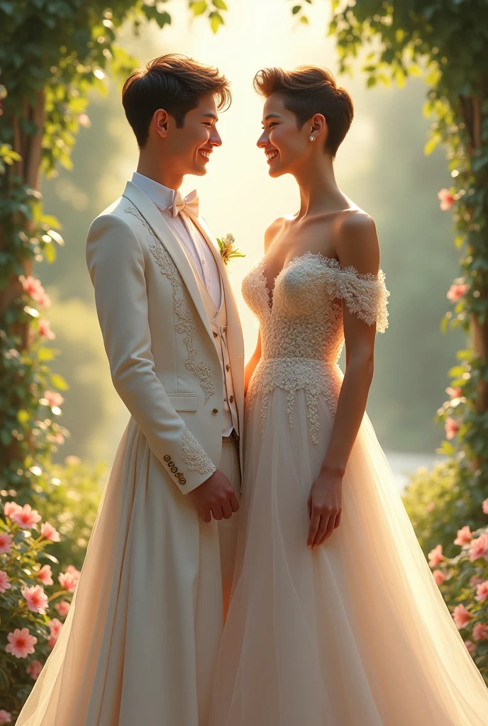 Two young men in wedding dresses