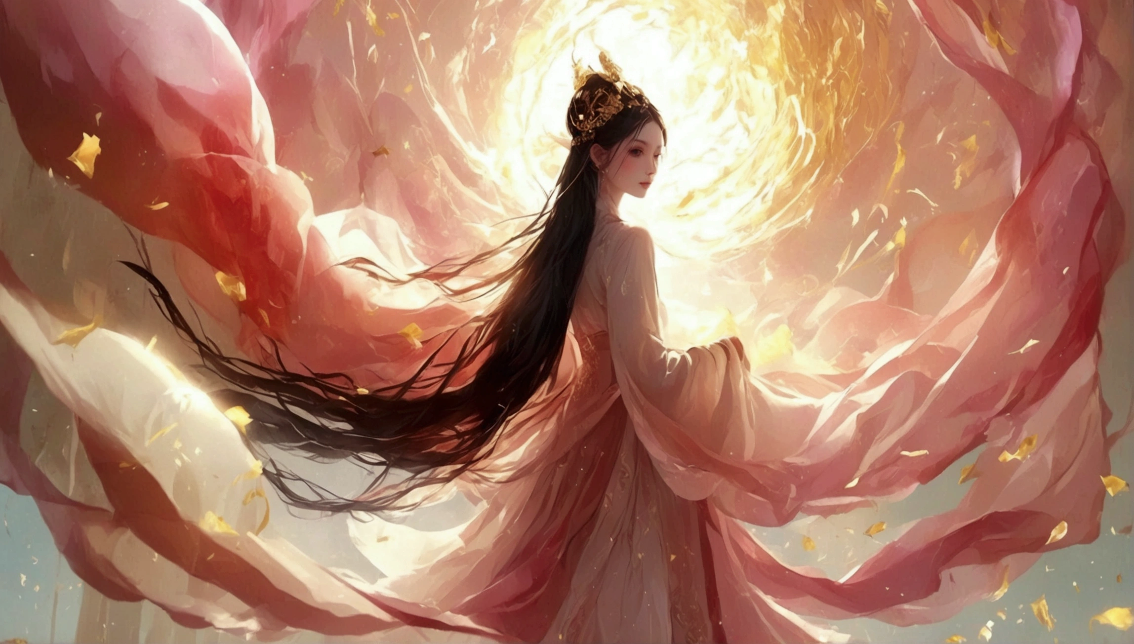 The whole picture is golden pink；All content is gold pink；one，Solitary；dance；[Plain long dress，Light pink and white gradient，Traditional style，The skirt has no pattern]；The skirt blends in with the background；Composition：The character is slightly smaller on the right side of the picture；Long hair,advanced sense,Fashion, Dynamic photography, Compelling storytelling, Vortex phenomenon, Angled form, Dynamic Movement, Abstract Line Art，Modern Minimalist Art, Astonishing, Blurred background, Soft lighting, happy emotion，elegant； Simple style；Minimalism。Panoramic photography；Depth of Field, Extraordinary details, masterpiece, high quality, 4K，cinematic lighting, motion blur, depth of field, sparkle, ray tracing, reflection light, anatomically correct, uhd, textured skin, best quality, super detail, highres, high details, accurate, high quality, award winning