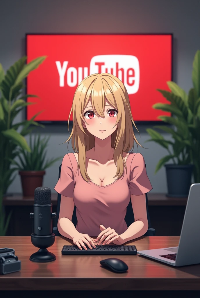 Create a image of A 1 mature anime girl, having blonde hairs, and pale skin, face infront of camera sitting in front of a computer desk with a microphone and laptop wearing pink dress, and the background includes a large youtube logo on the wall, potted plants on either side and various recording equipments, ratio of the image is 16:9