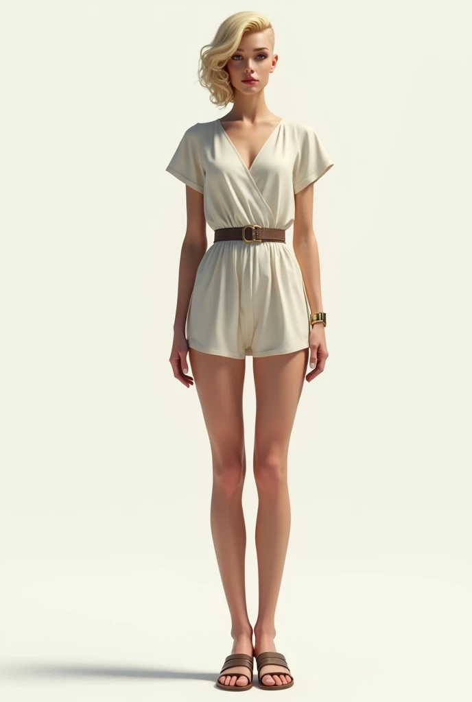 tall woman, half shaved blonde hair, sandals, simple short tunic