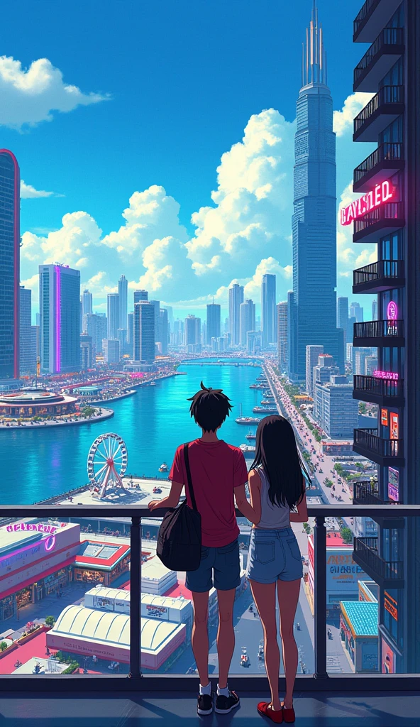 a young anime teen couple looking at the Miami Bayside market from the a balcony of a tallest among all the skyscrapers overlooking city , with bright blue sky , neon lights, miami vice vibes, , Ferris wheel at far away(wide angel view)