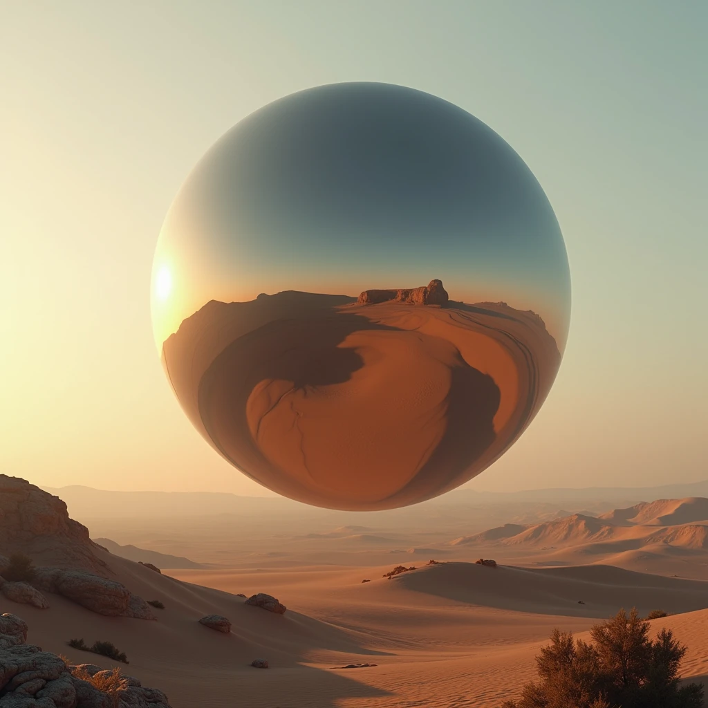 A massive mirrored sphere hovers above the desert floor at eveninng, photo realistic
